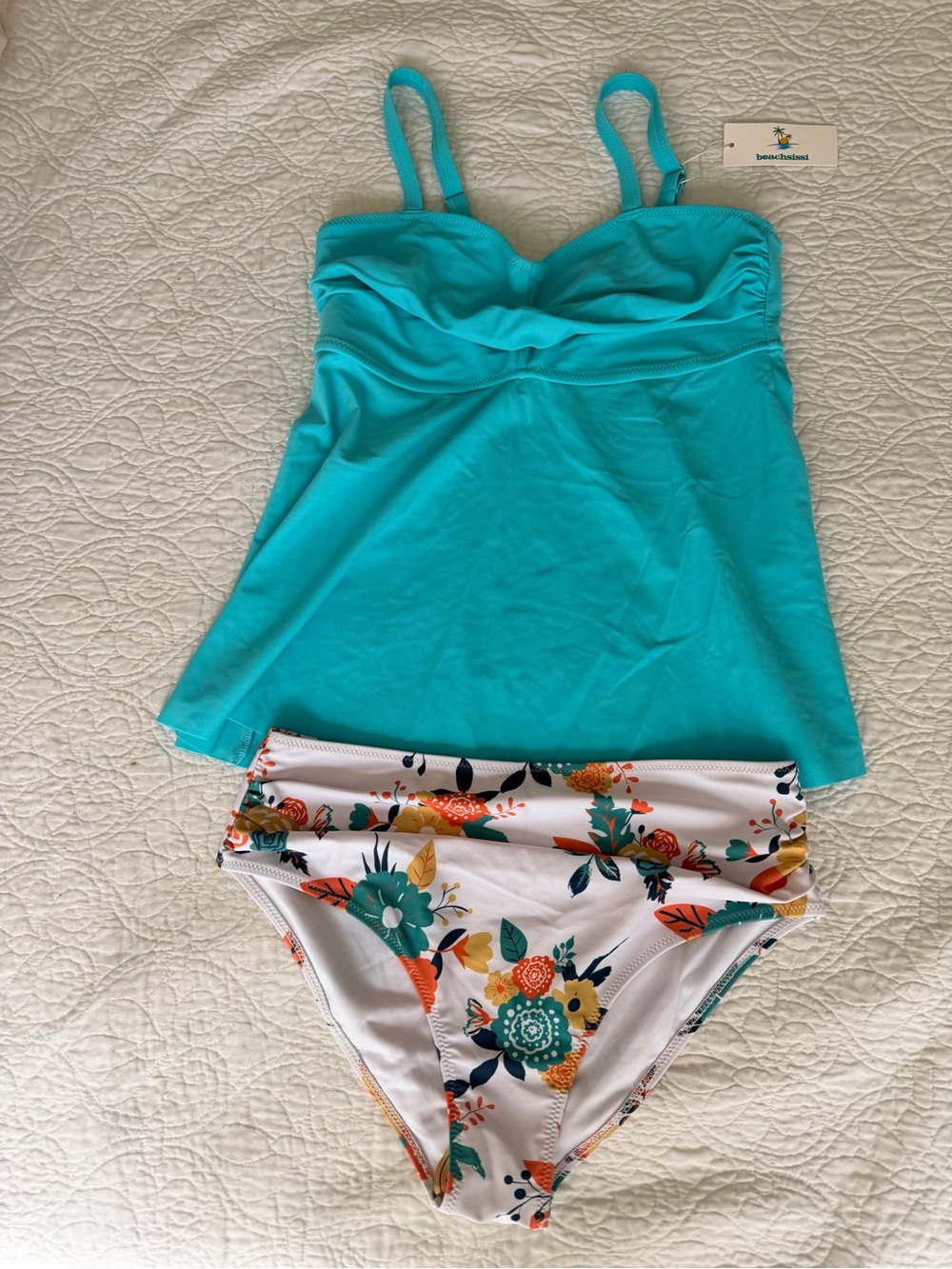 Beachside Turquoise Tankini Top with Floral High-Waist Bikini Bottoms